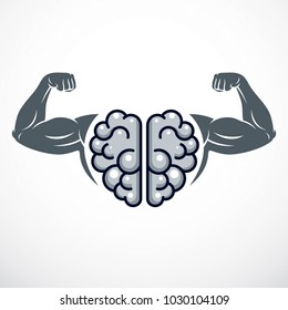 Power Brain emblem, genius concept. Vector design of human anatomical brain with strong bicep hands of bodybuilder. Brain training, grow IQ, mental health.