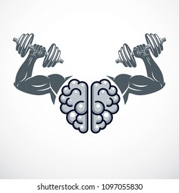 Power Brain emblem, genius concept. Vector design of human anatomical brain with strong bicep hands of bodybuilder. Brain training, grow IQ, mental health.