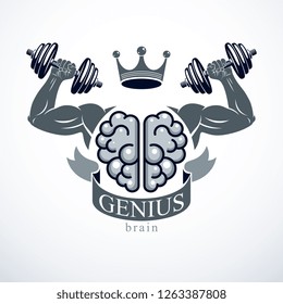 Power Brain emblem, genius concept. Vector design of human anatomical brain with strong bicep hands of bodybuilder. Brain training, grow IQ, mental health.