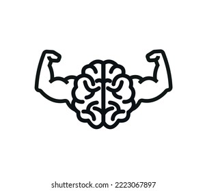 Power brain emblem, genius concept. Body strong arm with human anatomical brain vector design. vector.
