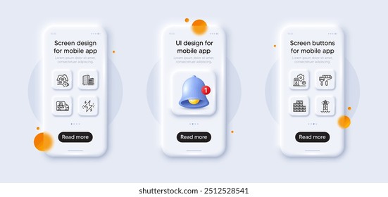 Power, Buildings and Paint roller line icons pack. mockups de telefone 3d com alerta de sino. Tela de vidro do smartphone. Estação de enchimento, Home charge, Atacado ícone web inventário. Vetor