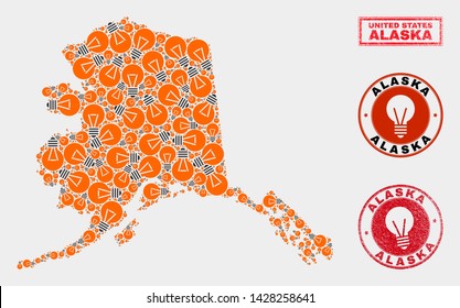 Power bulb mosaic Alaska map and grunge round stamp seals. Mosaic vector Alaska map is composed with electric bulb elements. Templates for electric services. Orange and red colors used.