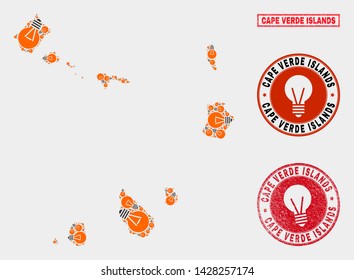 Power bulb mosaic Cape Verde Islands map and rubber round seals. Mosaic vector Cape Verde Islands map is created with light lamp icons. Templates for power supply services. Orange and red colors used.