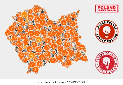 Power bulb mosaic Lesser Poland Voivodeship map and grunge round stamp seals. Mosaic vector Lesser Poland Voivodeship map is composed with power bulb icons. Templates for electric business.