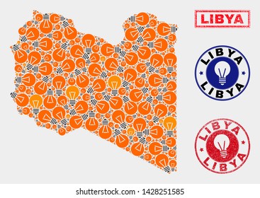 Power bulb mosaic Libya map and rubber rounded stamp seals. Mosaic vector Libya map is composed with electrical bulb items. Abstract images for power supply business. Orange and red colors used.