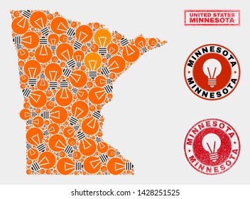 Power bulb mosaic Minnesota State map and rubber rounded watermarks. Mosaic vector Minnesota State map is designed with electric bulb symbols. Templates for innovation business.