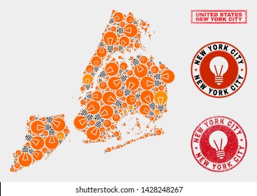 Power bulb mosaic New York City map and grunge round seals. Collage vector New York City map is designed with power bulb symbols. Abstract images for power supply business. Orange and red colors used.