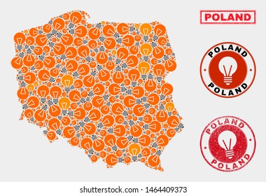 Power bulb mosaic Poland map and grunge round stamps. Mosaic vector Poland map is composed with light bulb icons. Templates for power supply business. Orange and red colors used.