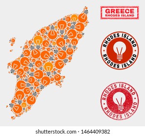 Power bulb mosaic Rhodes Island map and grunge round watermarks. Mosaic vector Rhodes Island map is designed with idea bulb symbols. Concept for power supply services. Orange and red colors used.