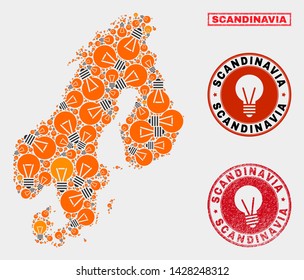 Power bulb mosaic Scandinavia map and grunge round stamps. Mosaic vector Scandinavia map is composed with imagination bulb elements. Concept for power supply services. Orange and red colors used.