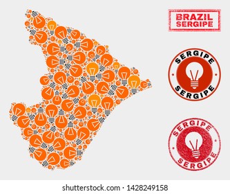 Power bulb mosaic Sergipe State map and grunge round watermarks. Mosaic vector Sergipe State map is created with light bulb icons. Abstraction for innovation services. Orange and red colors used.