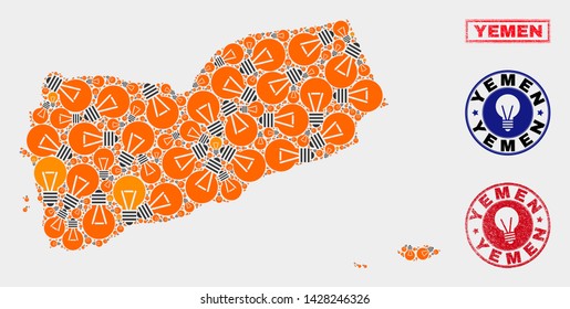 Power bulb mosaic Yemen map and rubber rounded watermarks. Mosaic vector Yemen map is designed with illumination bulb elements. Abstraction for power supply business. Orange and red colors used.
