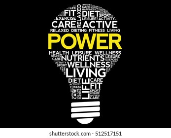 POWER bulb word cloud collage, health concept background