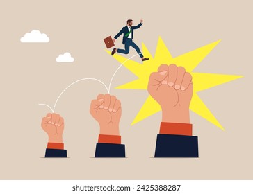 Power. Businessman jumping from small to the big hand.  Flat vector illustration.