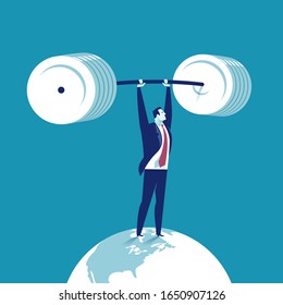 Power. Businessman lifted a heavy barbell standing on globe. Concept business illustration