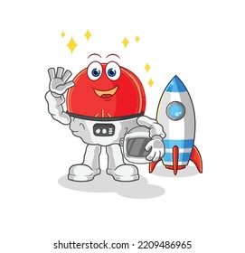 the power button astronaut waving character. cartoon mascot vector