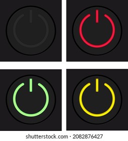 Power button. Black button with red, green and yellow backlight. Normal and active. Vector illustration