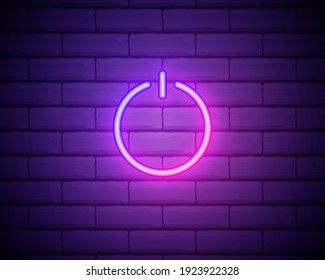 Power button blue glowing neon ui ux icon. Glowing sign logo vector isolated on brick wall.