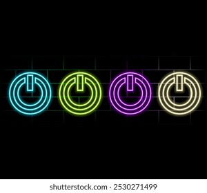 Power button blue glowing neon ui ux icon. Glowing sign logo vector isolated on brick wall..3