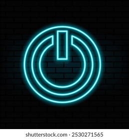 Power button blue glowing neon ui ux icon. Glowing sign logo vector isolated on brick wall..4