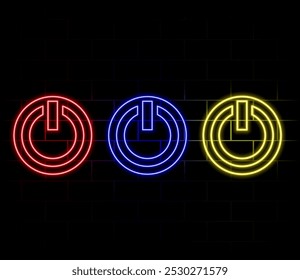 Netzschalter blau leuchtend neon ui ux Symbol. Leuchtendes Zeichen Logo, Vektor einzeln auf Ziegelwand.