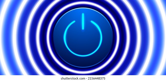 Botón de encendido con luces de círculo de neón azul, fondo vectorial. Banner dinámico, energético y tecnológico del botón de inicio. Ilustración del concepto de inicio o activación.