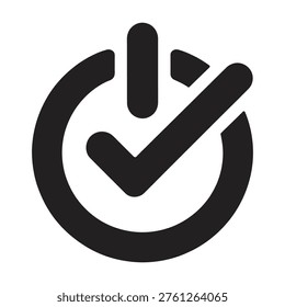 Power button with check mark, on off switch symbol. device control interface icon on white background.