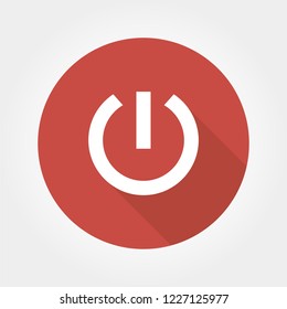 Power button circle icon with long shadow. Flat design style. Power on off button simple silhouette. Modern, minimalist, round icon in stylish colors. Web site page, mobile app design vector element.