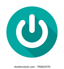 Power button circle icon with long shadow. Flat design style. Power on off button simple silhouette. Modern, minimalist, round icon in stylish colors. Web site page, mobile app design vector element.