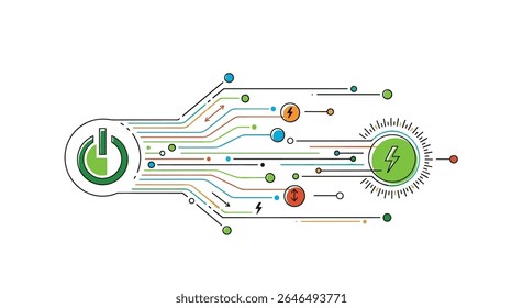 Power button circuit board design with green energy flow vector illustration design