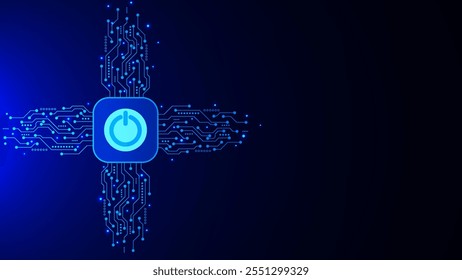 Power button with circuit board and glowing particles. Hardware equipment concept on dark blue background. Vector illustration