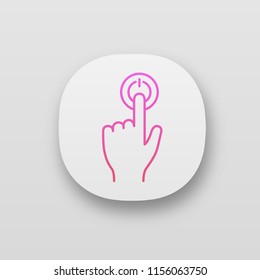 Power button click app icon. UI/UX user interface. Start. Turn on. Hand pressing button. Web or mobile application. Vector isolated illustration
