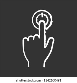 Power button click chalk icon. Start. Turn on. Hand pressing button. Isolated vector chalkboard illustrations