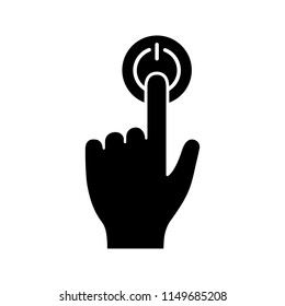 Power button click glyph icon. Silhouette symbol. Start. Turn on. Hand pressing button. Negative space. Vector isolated illustration