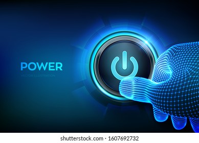 Power button. Closeup finger about to press a power button. Just push the button. Hardware equipment concept. Vector illustration.