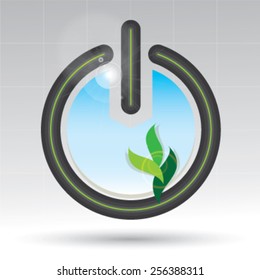 Power button with energy saving green leaf vector