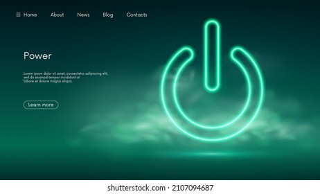 Power button, hi-tech on and off sign, futuristic technology with turquoise neon glow in the smoke, vector business background