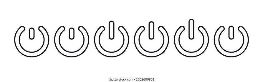 Power button icon with on-off switch symbol, standby mode pictogram, energy control for computer or electric device. Flat vector illustration isolated on white background.