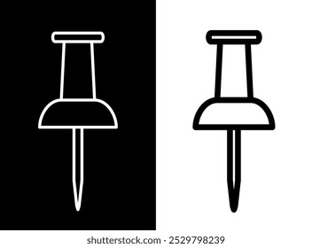 Icono de Botón de energía (pin de empuje). Información de pin (thumbtack), pictograma de lista de tareas. Papelería, oficina o símbolo de información. Atributo de anuncio, Plan o recordatorio.