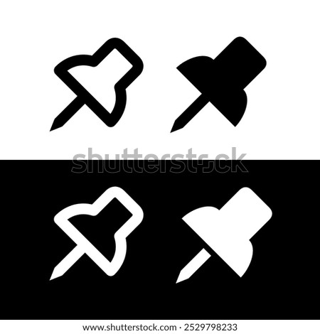 Power button icon (push pin). Pin information (thumbtack), task list pictogram. Stationery, office or information symbol. Announcement, plan or reminder attribute.