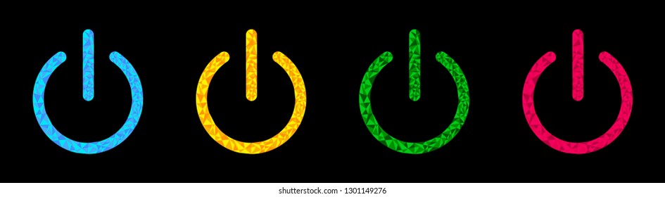 Power button icon set line. Polygonal effect. Blue, pink, green yellow color. Black background Isolated. Flat design. Vector Illustration
