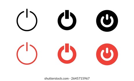Botão de energia ícone definir vetor. ligar desligar símbolos de interruptor para web, app, ui design ux. linha, sólido, estilos de círculo em preto e vermelho.
