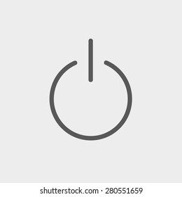 Línea delgada del icono del botón de encendido para diseño plano minimalista moderno y móvil. Icono vector de gris oscuro sobre fondo gris claro.