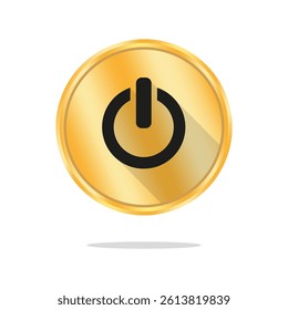 Power button icon. Vector golden circle. On off symbol. Glossy black shape.