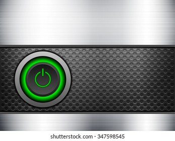 Power button knob on a metal background.