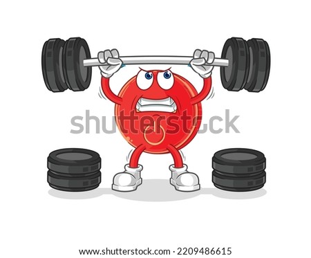 the power button lifting the barbell character. cartoon mascot vector