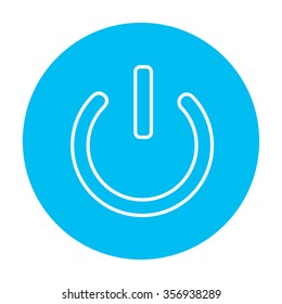 Power button line icon for web, mobile and infographics. Vector white icon on the light blue circle isolated on white background.