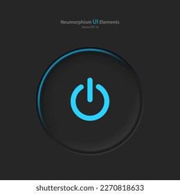 Power button on a black background. User interface elements in the style of neumorphism, UX. Vector EPS 10.