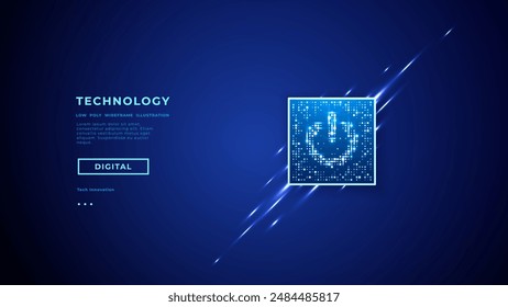 A power button on a digital semiconductor. AI chip with power icon or symbol as bright glowing pixels. Element of a circuit on tech bg. Vector illustration. Technology futuristic background.
