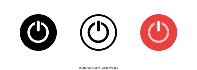 Power button ON and OFF set icons in black flat style. Simple vector illustrations representing energy symbols, ideal for tech, electronics, and user interface designs.